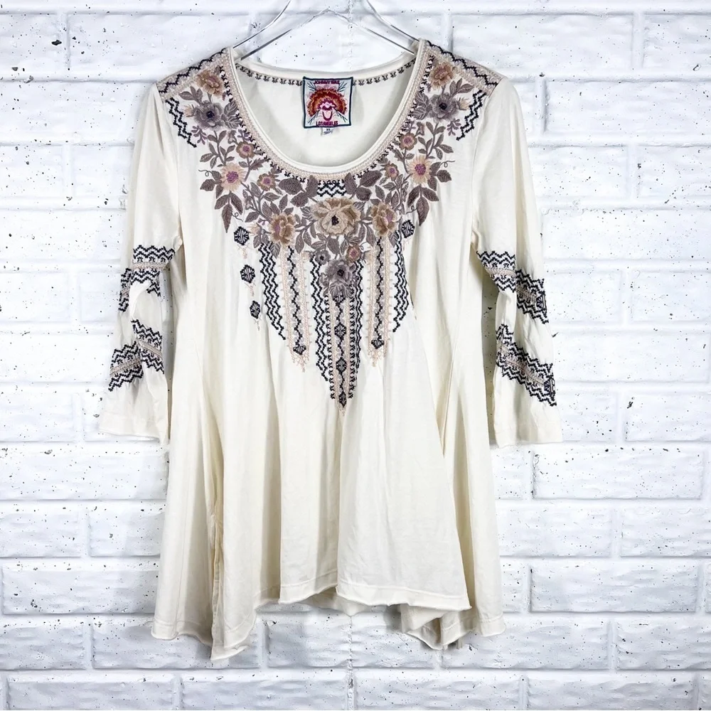 JOHNNY WAS Marushka Trapeze Floral Embroidered Knit Blouse 3/4 sleeve XS